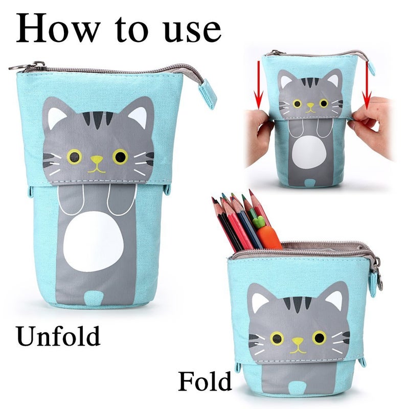 Ytuomzi Telescopic Pencil Pouch Standing Pen Holder Cute Bags Stand Up Case Cartoon Storage Box Canvas+PU Stationery Organizer Makeup Bag With Zipper Closure (Blue) - Image 3